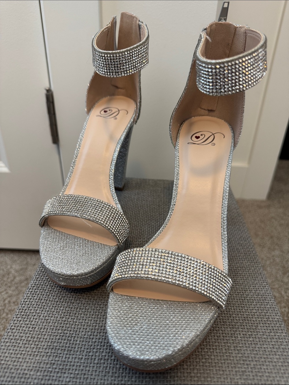 Silver Rhinestone Ankle Strap Women's Heels